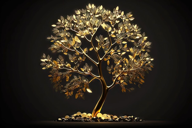 Gold money tree with coins on black background