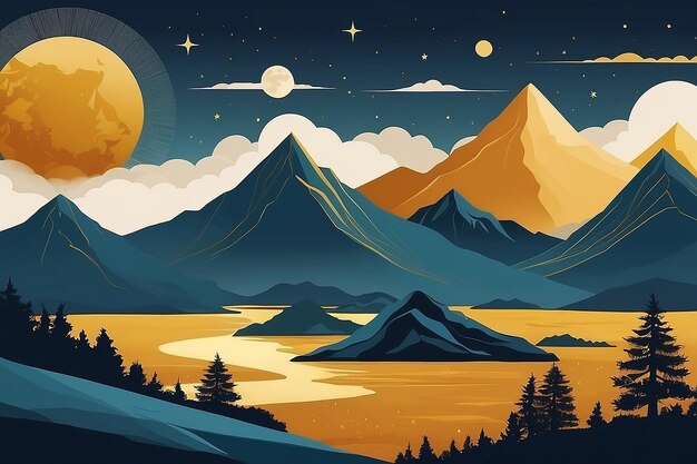 Gold mountain background vector Mid century landscape art with sun and moon