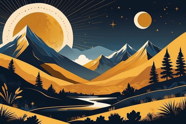 Gold mountain background vector Mid century landscape art with sun and moon