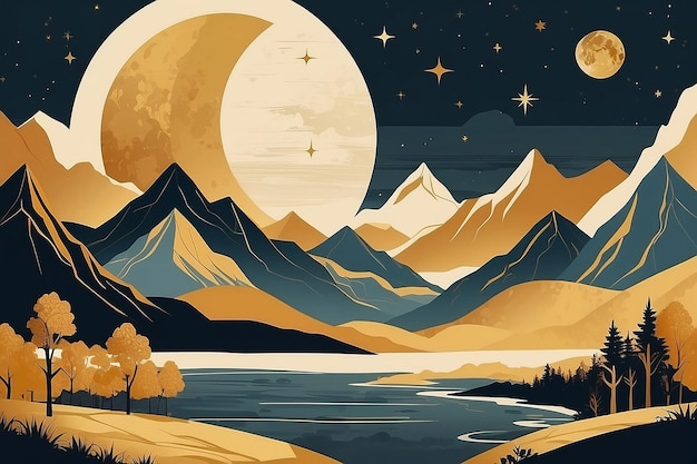 Gold mountain background vector Mid century landscape art with sun and moon