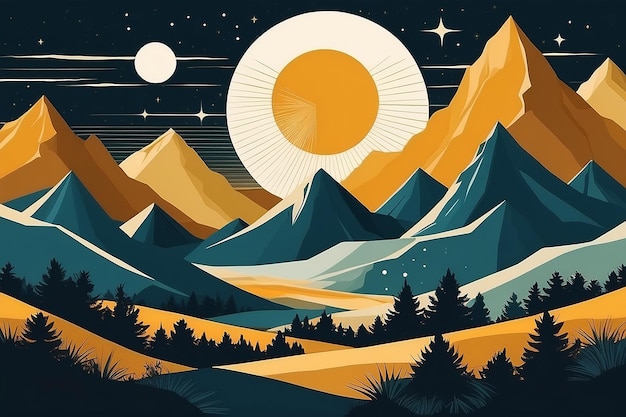 Gold mountain background vector Mid century landscape art with sun and moon