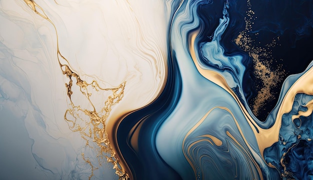 Gold and navy blue marble abstract background watercolor paint texture