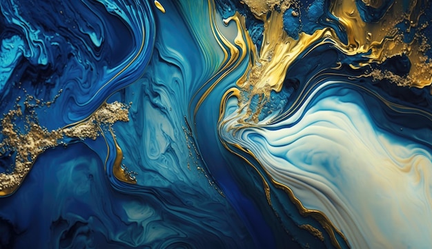 Gold and navy blue marble abstract background watercolor paint texture