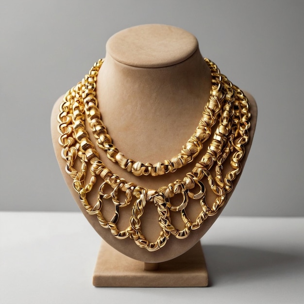 gold necklace on necklace display stand Created by AI