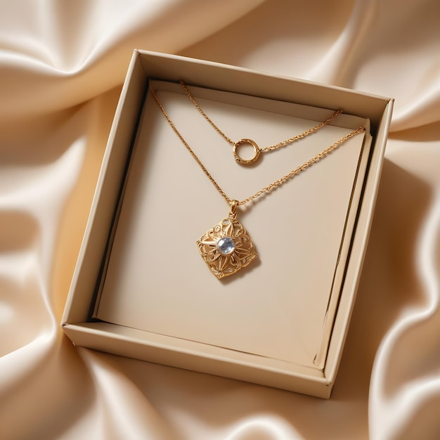 a gold necklace with a diamond on it is in a box