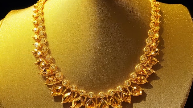 A gold necklace with diamonds and diamonds is displayed.