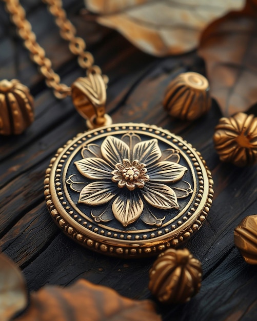 Photo a gold necklace with a flower on it sits on a table