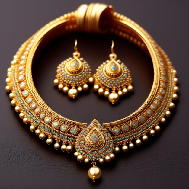 A gold necklace with gold and turquoise beads and a pair of earrings.