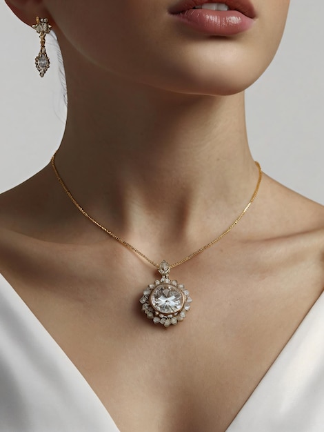 A gold necklace with a single diamond pendant on a grey background