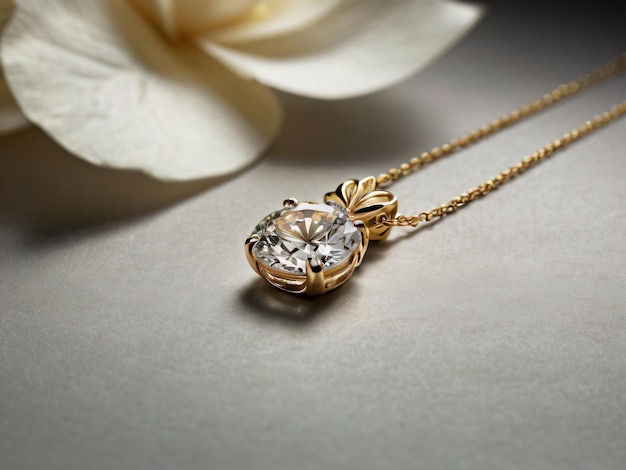 A gold necklace with a single diamond pendant on a grey background