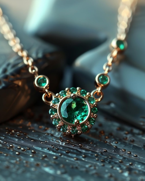 Gold Necklace With Tiny Emeralds On A Dark Background