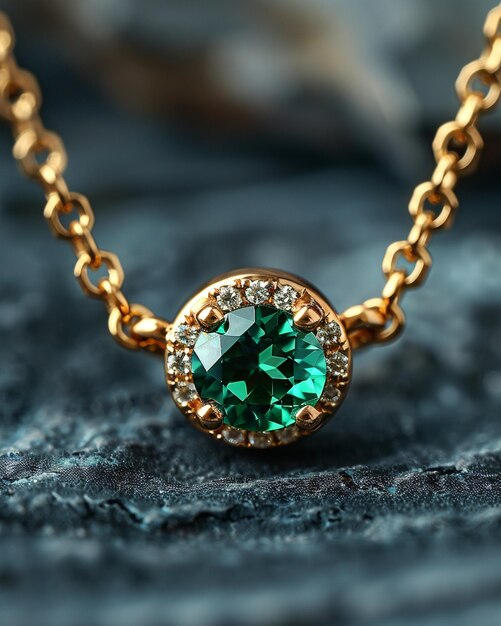 Gold Necklace With Tiny Emeralds On A Dark Background