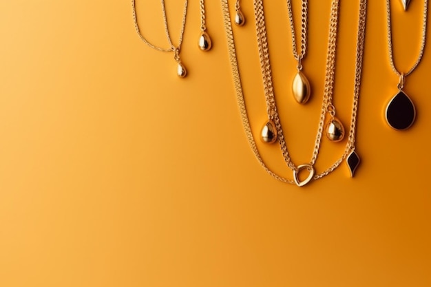 Gold necklaces on a yellow background