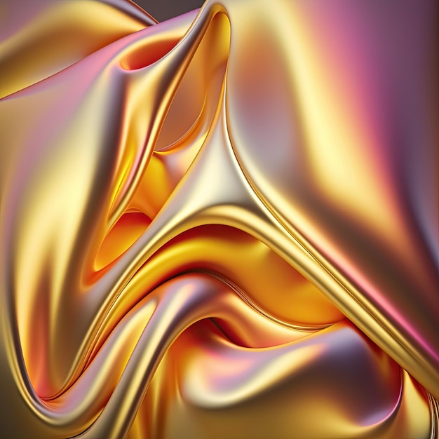 Gold neon abstract shiny plastic silk or satin wavy background Generative AI