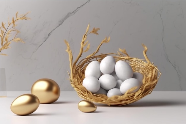 A gold nest with eggs on it and the word easter on the top