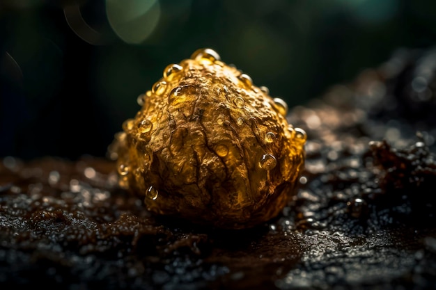 Photo gold nugget on dark background pure piece of gold extracted from a mine created with generative ai technology