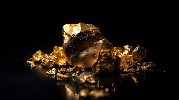 A gold nugget sits on a black table with other gold nuggets.