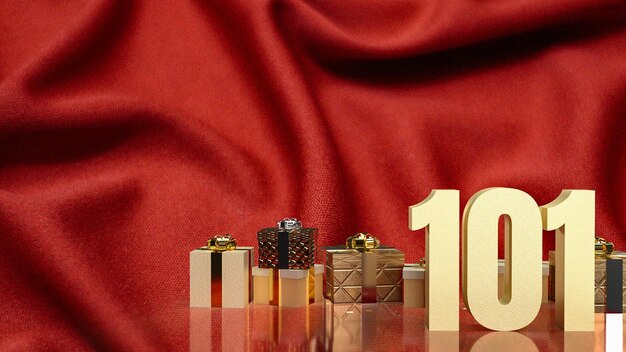 Gold number 101 and gift box on red silk for business concept