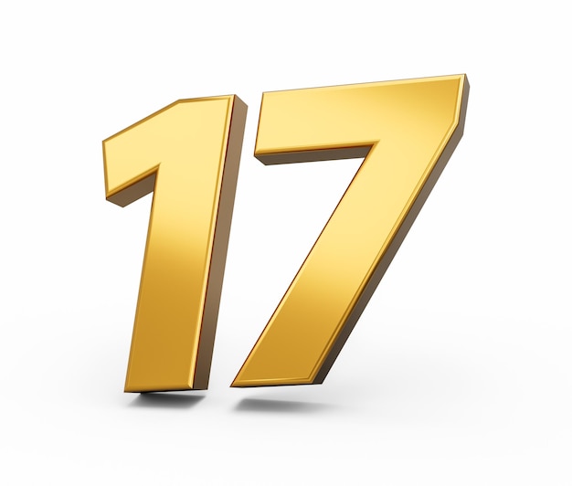 Gold number 17 Seventeen isolated white background shiny 3d number 17 made of gold 3d illustration