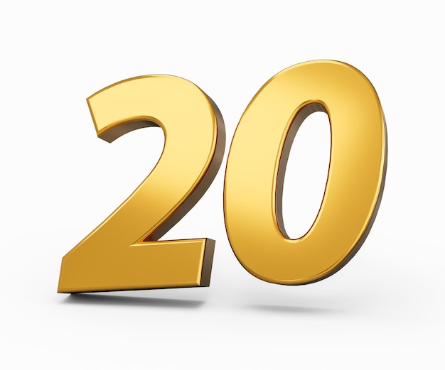 Gold number 20 Twenty isolated white background shiny 3d number 20 made of gold 3d illustration