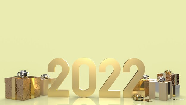 The gold number 2022 and gift box for new year  concept 3d rendering.