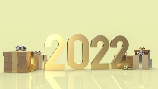 The gold number 2022 and gift box for new year  concept 3d rendering.