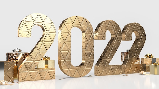 The gold number 2022  and gift box on white background for new year or business concept 3d rendering