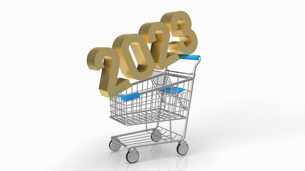 The gold number 2023 on shopping cart for business concept 3d rendering