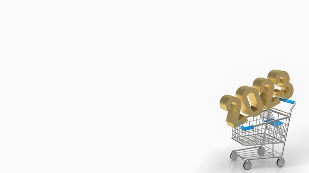 The gold number 2023 on shopping cart for business concept 3d rendering