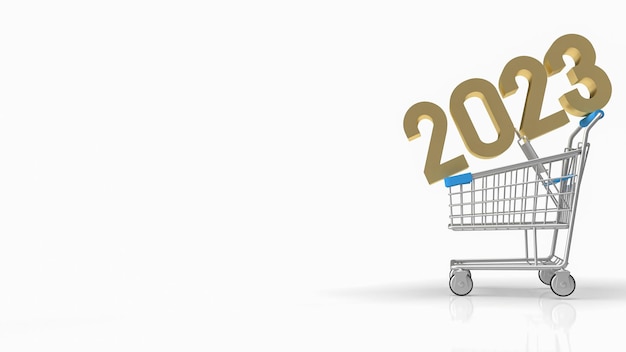 The gold number 2023 on shopping cart for business concept 3d rendering