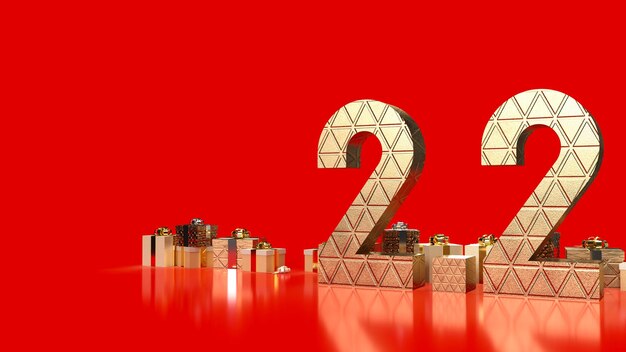 The gold number 22 and gift box on red background for sale or promotion concept 3d rendering