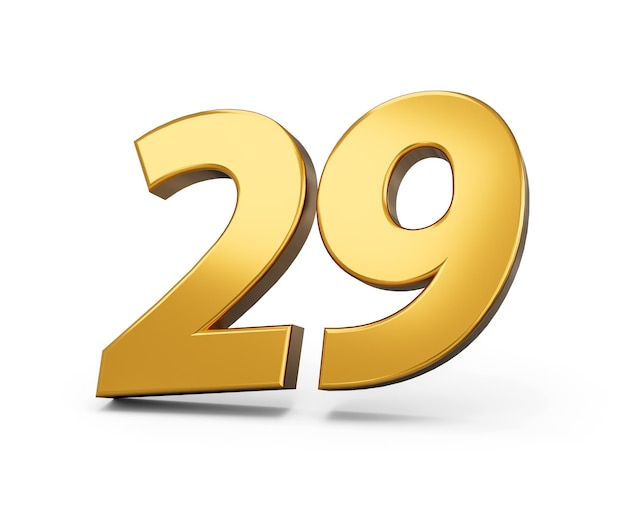 Gold number 29 Twenty nine isolated white background shiny 3d number 29 made of gold 3d illustration