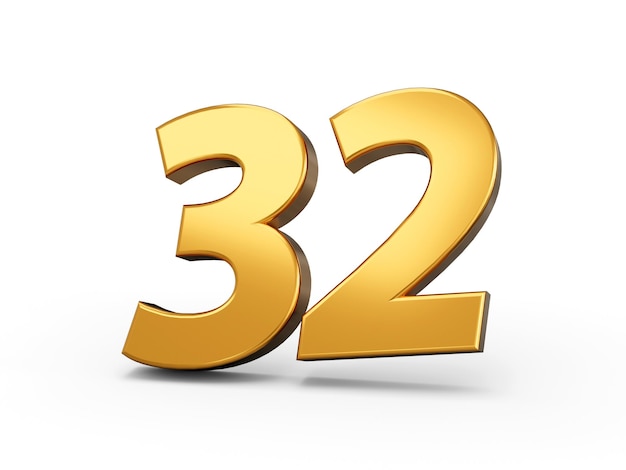 Gold number 32 Thirty two isolated white background shiny 3d number 32 made of gold 3d illustration