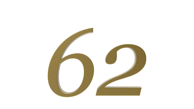 Gold number 62 digit metal 3d render illustration