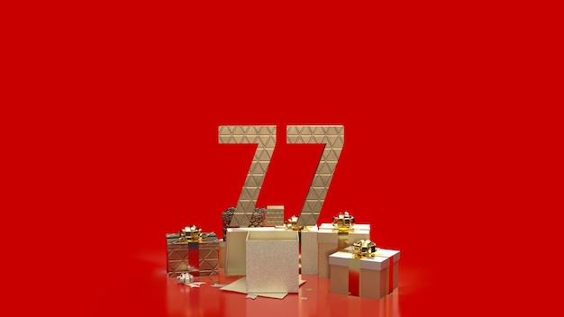 The gold number 77 on gift box on red Background for promotion concept 3d rendering