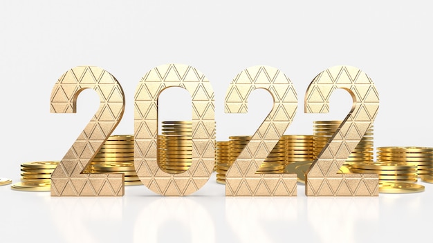 The gold number and gold coins on white background for new year or business concept 3d rendering