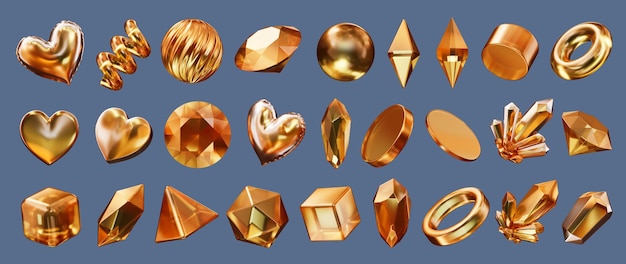 Gold Object geometry shape set isolated background 3d rendering without AI generated