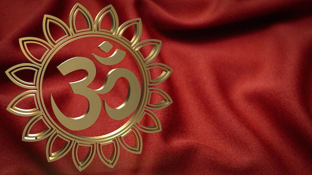 The gold ohm hindu symbol on red silk for background concept 3d renderingxA