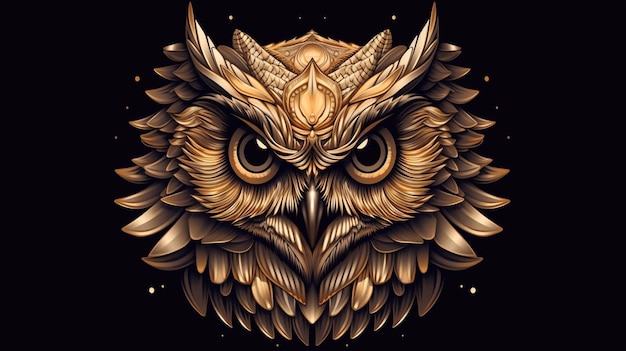 A gold owl logo in line art style with black background