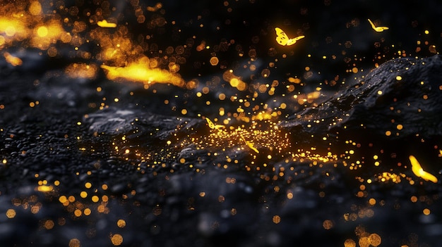 Photo gold particles on black rock surface with glowing fireflies and butterflies