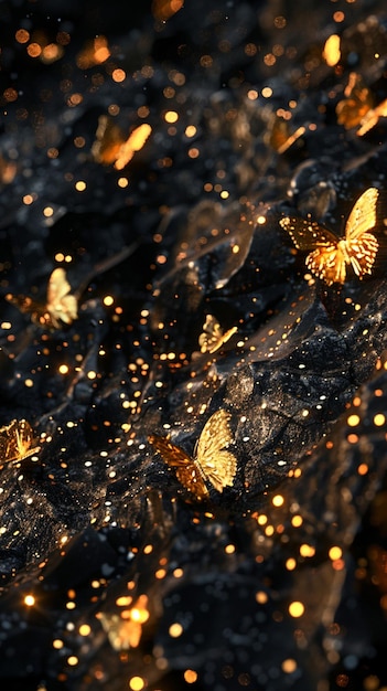 Photo gold particles on black rock surface with glowing fireflies and butterflies