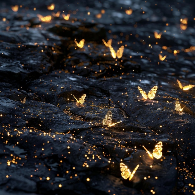 Gold particles on black rock surface with glowing fireflies and butterflies