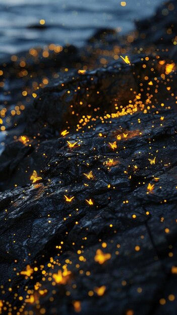 Photo gold particles on black rock surface with glowing fireflies and butterflies