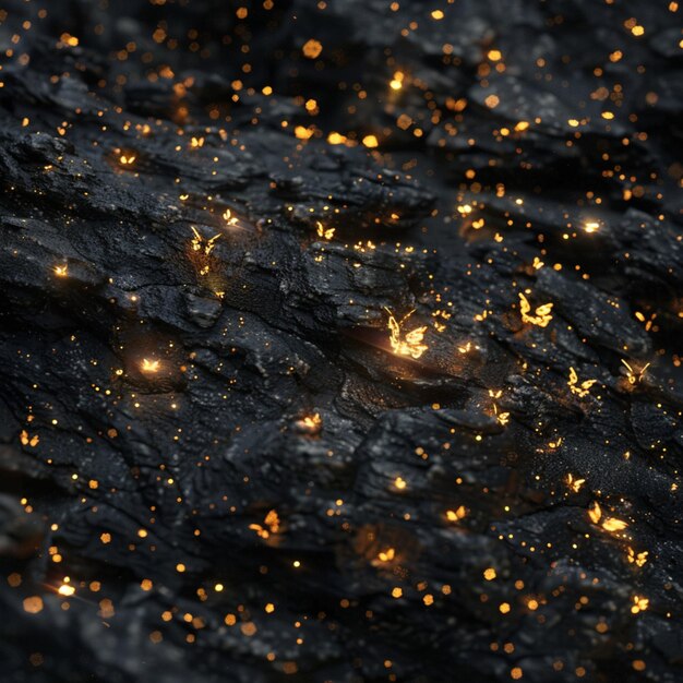 Photo gold particles on black rock surface with glowing fireflies and butterflies