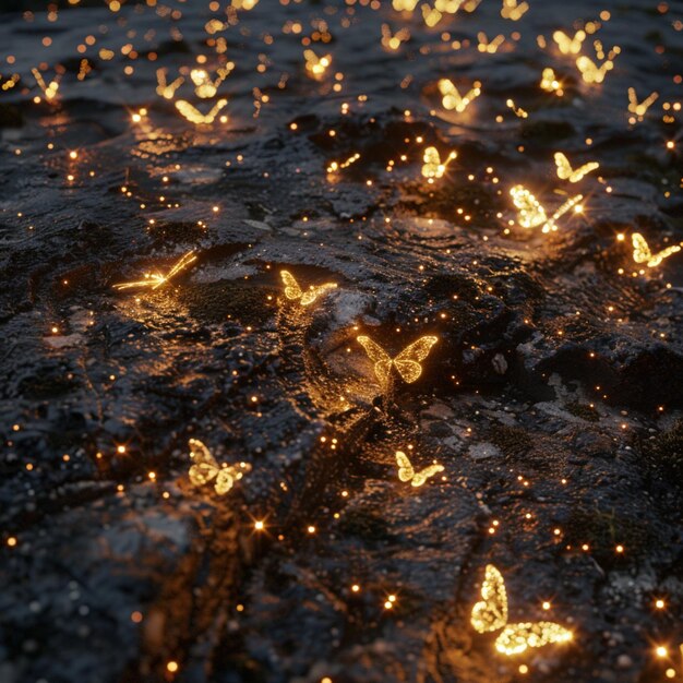 Photo gold particles on black rock surface with glowing fireflies and butterflies