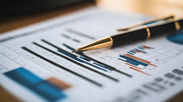 A gold pen resting on a sheet of paper with a graph and financial data