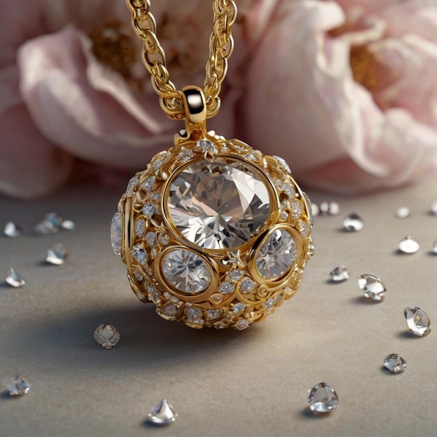 a gold pendant with diamonds on it and a diamond necklace