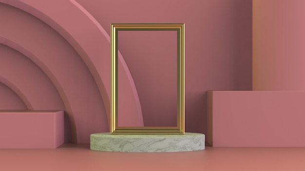 Gold picture frame on white marble podium composition