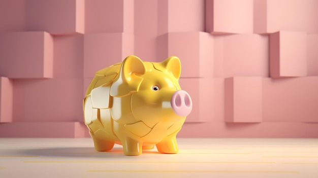 A gold piggy bank sits on a pink background.