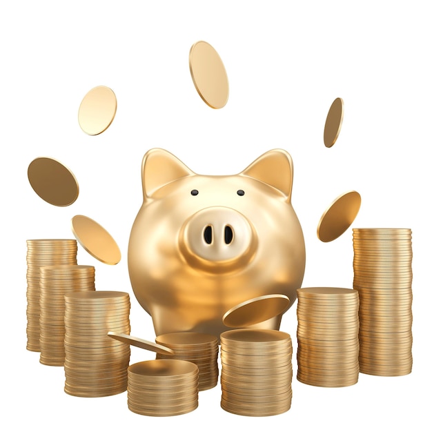 Gold Piggy bank with with falling coins concept saving money for investment financial plan clipping path 3D rendering